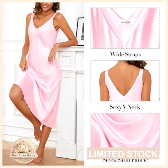 Long Satin Nightgown V Neck Sleeveless Chemise Sleepwear Loose Fit